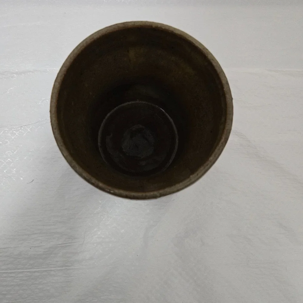 Signed CORA Studio Pottery Stoneware Vase Crock Brown Olive Glaze 6